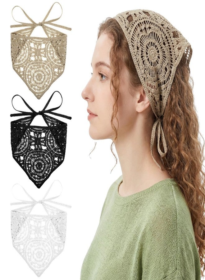 Larrel 3PCS Crochet Bandanas Headbands, Cute Knitted Crochet Head Scarf, Knit Lace Floral Hollow Kerchief, Hair Accessories for Women, Vintage Hair Bandanas for Hair-Styling and Decor (Beige, Black, Gray) - Image 1